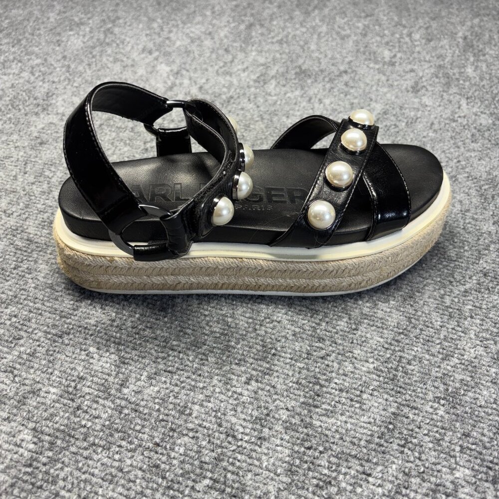 Karl Lagerfeld Womens Black Platform Espadrille Sandals Pearl Ankle Strap 7M - Picture 8 of 13